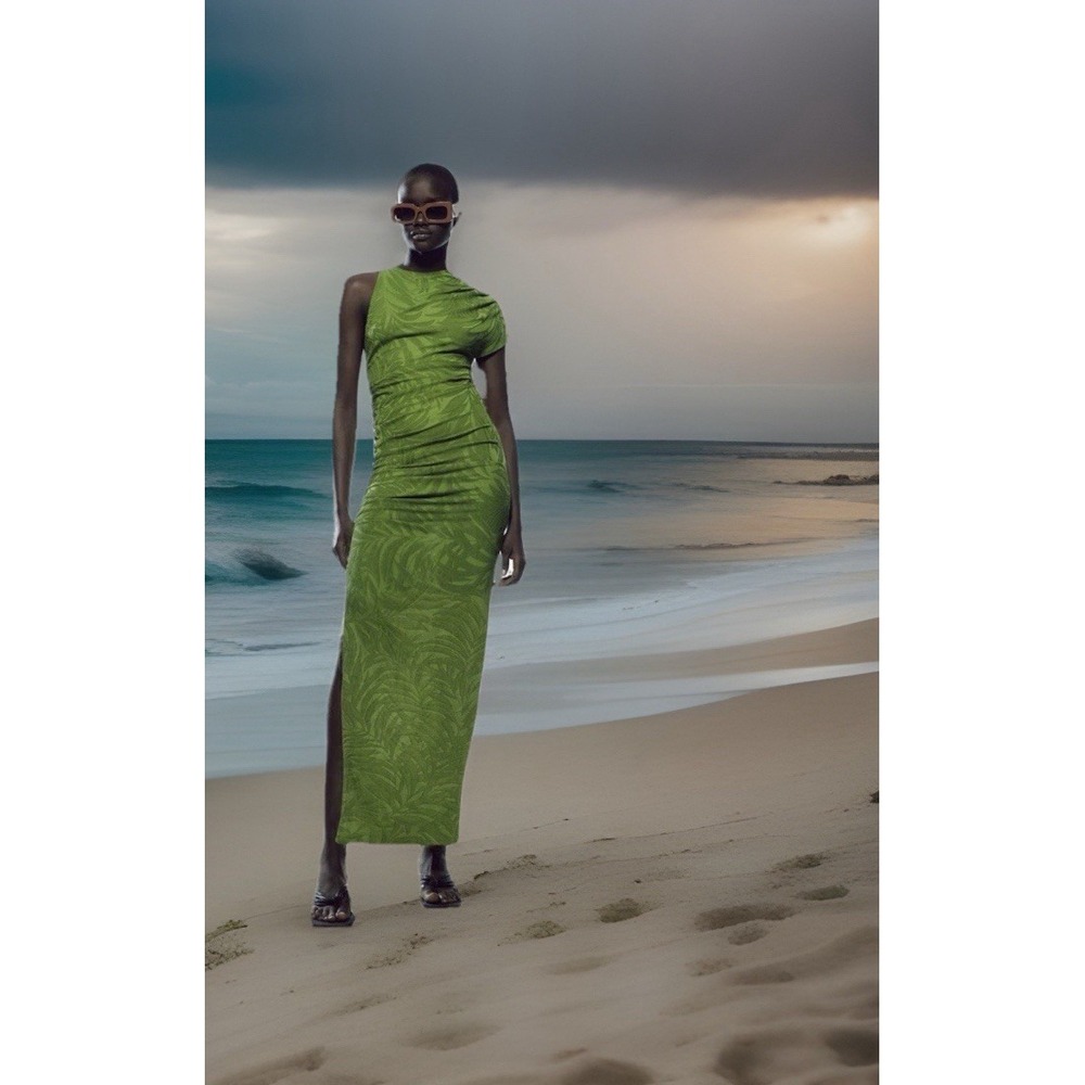 Zara Green Palm Leaves  Long Sleeve Ruched Side Tubular Midi Dress Sz Med - Picture 12 of 13